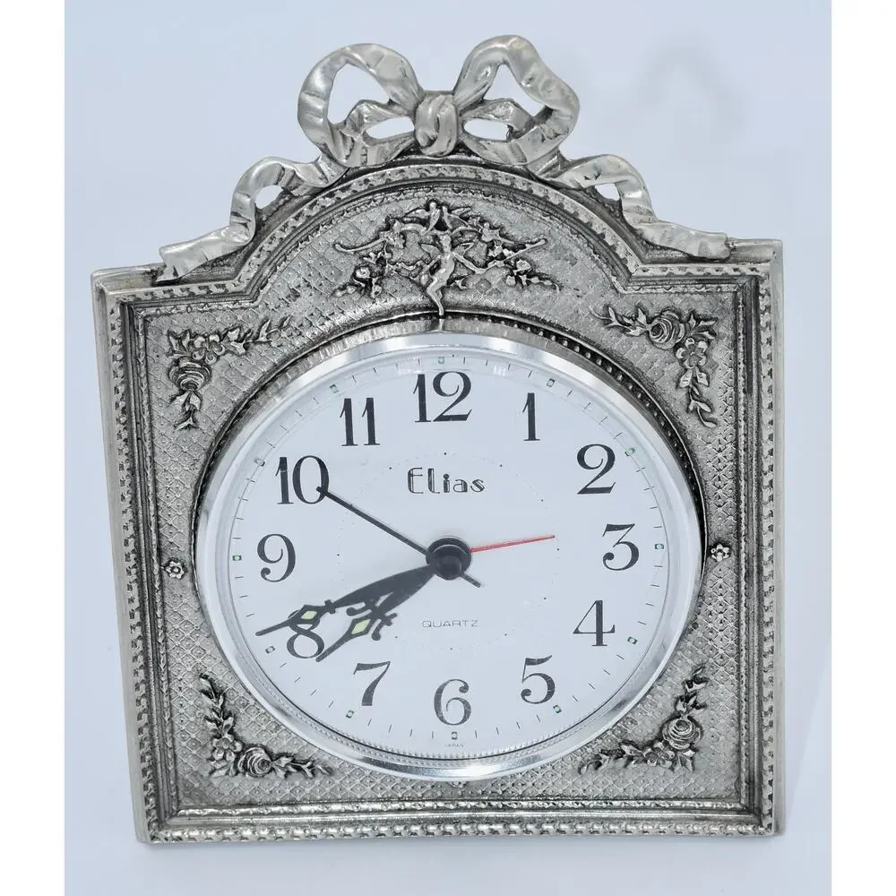 Elias-1990 Pewter 925 Fine Silver Art Nouveau Ornate Alarm Clock